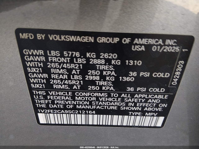 45258546 :رقم المزاد ، 1V2FE2CA9SC212164 vin ، 2025 Volkswagen Atlas Cross Sport 2.0t Sel Premium R-line مزاد بيع