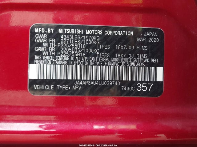 2020 Mitsubishi Outlander Sport 2.0 Be/2.0 Es/2.0 Sp მანქანა იყიდება აუქციონზე, vin: JA4AP3AU4LU029740, აუქციონის ნომერი: 45258548