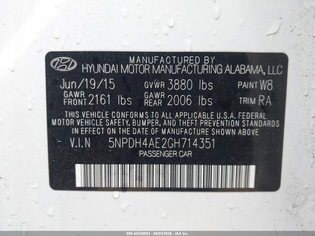 Aukcja sprzedaży 2016 Hyundai Elantra Se, vin: 5NPDH4AE2GH714351, numer aukcji: 45258552