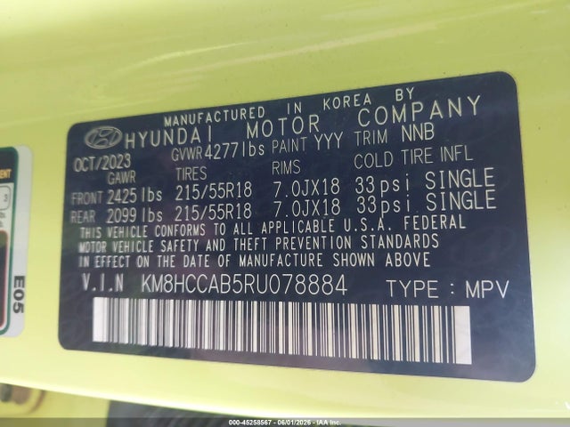 Aukcja sprzedaży 2024 Hyundai Kona Sel, vin: KM8HCCAB5RU078884, numer aukcji: 45258567