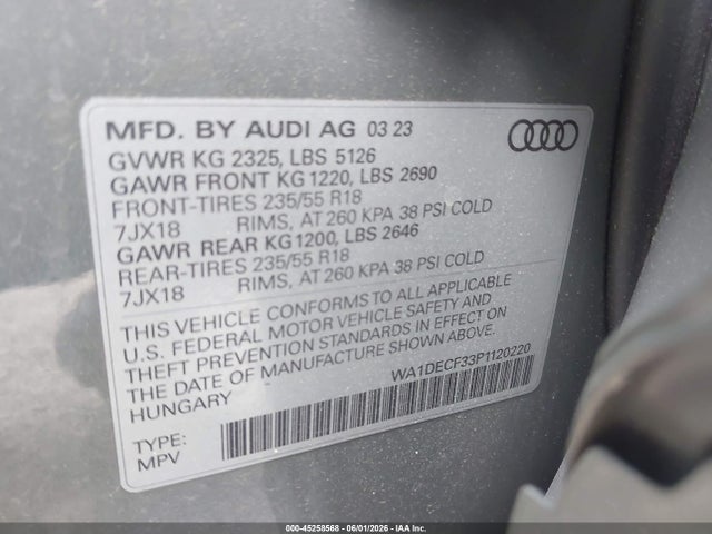 45258568 :رقم المزاد ، WA1DECF33P1120220 vin ، 2023 Audi Q3 Premium 45 Tfsi S Line Quattro Tiptronic مزاد بيع