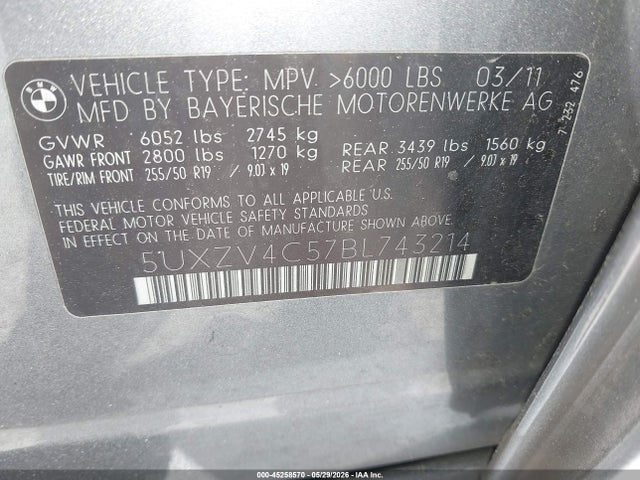 45258570 :رقم المزاد ، 5UXZV4C57BL743214 vin ، 2011 Bmw X5 Xdrive35i/xdrive35i Premium/xdrive35i Sport Activity مزاد بيع