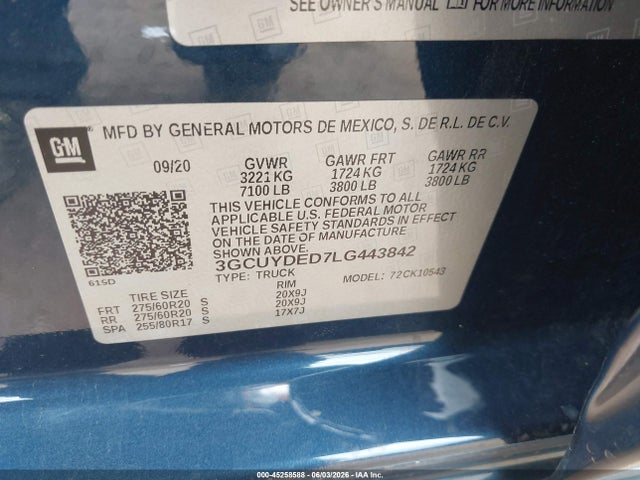 Aukcja sprzedaży 2020 Chevrolet Silverado 1500 4wd  Short Bed Lt, vin: 3GCUYDED7LG443842, numer aukcji: 45258588