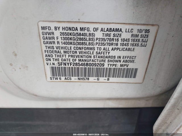 Aukcja sprzedaży 2006 Honda Pilot Ex-l, vin: 5FNYF28546B009209, numer aukcji: 45258610