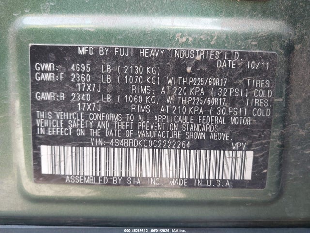Продаж на аукціоні авто 2012 Subaru Outback 3.6r Limited, vin: 4S4BRDKC0C2222264, номер лоту: 45258612