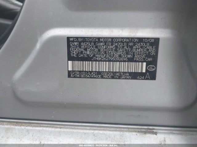45258622 :رقم المزاد ، JTHBK262795092696 vin ، 2009 Lexus Is 250 مزاد بيع