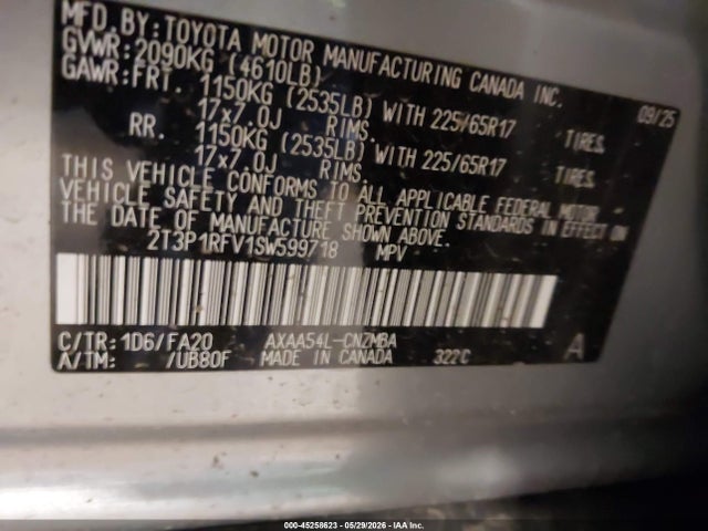 45258623 :رقم المزاد ، 2T3P1RFV1SW599718 vin ، 2025 Toyota Rav4 Xle مزاد بيع