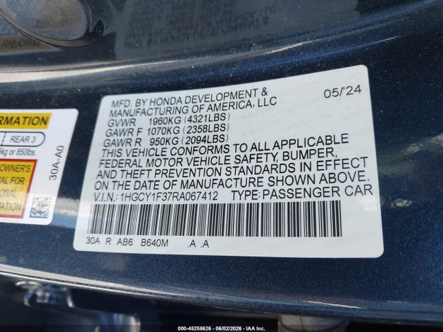 Honda ACCORD EX 2024 1HGCY1F37RA067412 Image 9