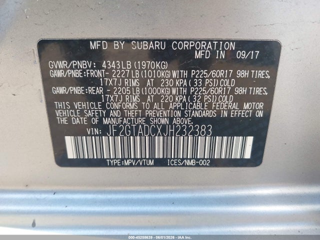 Aukcja sprzedaży 2018 Subaru Crosstrek 2.0i Premium, vin: JF2GTADCXJH232383, numer aukcji: 45258639
