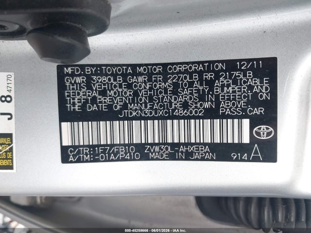 45258666 :رقم المزاد ، JTDKN3DUXC1486002 vin ، 2012 Toyota Prius Two مزاد بيع