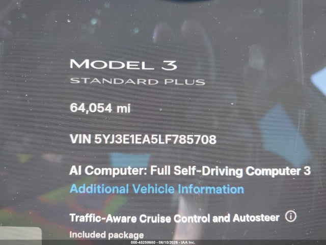 2020 Tesla Model 3 მანქანა იყიდება აუქციონზე, vin: 5YJ3E1EA5LF785708, აუქციონის ნომერი: 45258680