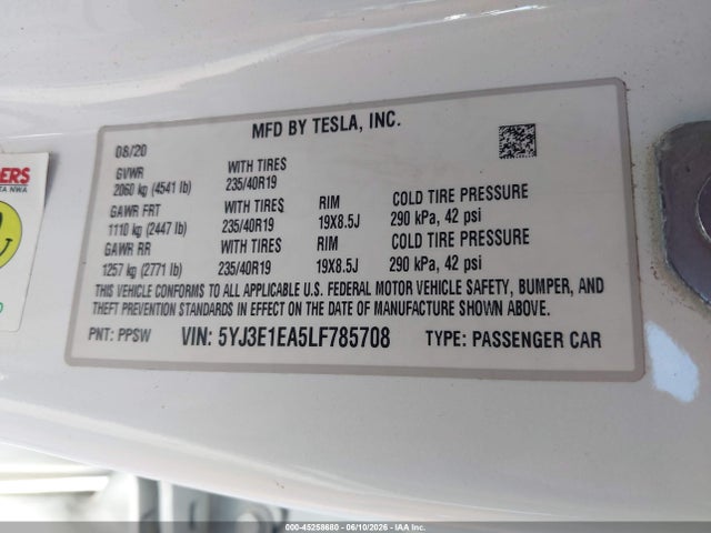 2020 Tesla Model 3 მანქანა იყიდება აუქციონზე, vin: 5YJ3E1EA5LF785708, აუქციონის ნომერი: 45258680