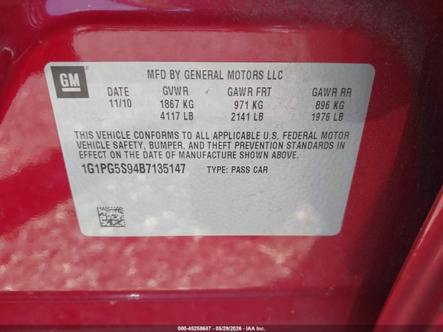 2011 Chevrolet Cruze 2lt მანქანა იყიდება აუქციონზე, vin: 1G1PG5S94B7135147, აუქციონის ნომერი: 45258687
