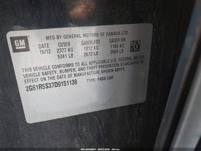 45258693 :رقم المزاد ، 2G61R5S37D9151138 vin ، 2013 Cadillac Xts Luxury مزاد بيع