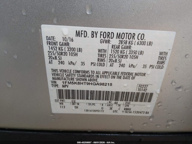 Aukcja sprzedaży 2017 Ford Explorer Platinum, vin: 1FM5K8HT9HGA98215, numer aukcji: 45258697