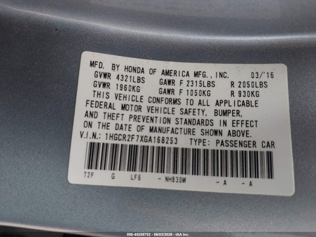 2016 Honda Accord Ex მანქანა იყიდება აუქციონზე, vin: 1HGCR2F7XGA168253, აუქციონის ნომერი: 45258702