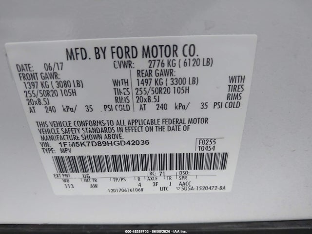 1FM5K7D89HGD42036 Ford EXPLORER XLT