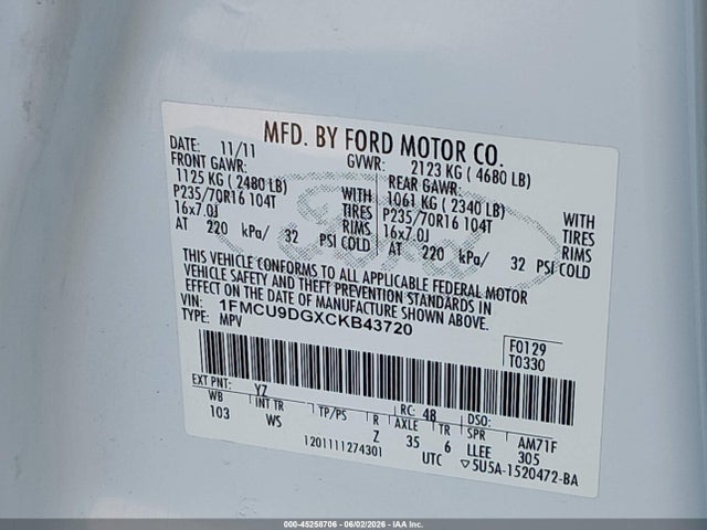 45258706 :رقم المزاد ، 1FMCU9DGXCKB43720 vin ، 2012 Ford Escape Xlt مزاد بيع