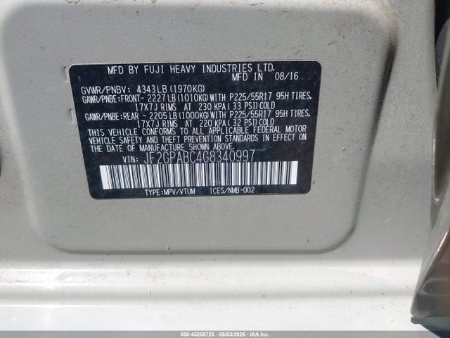 45258725 :رقم المزاد ، JF2GPABC4G8340997 vin ، 2016 Subaru Crosstrek 2.0i Premium مزاد بيع