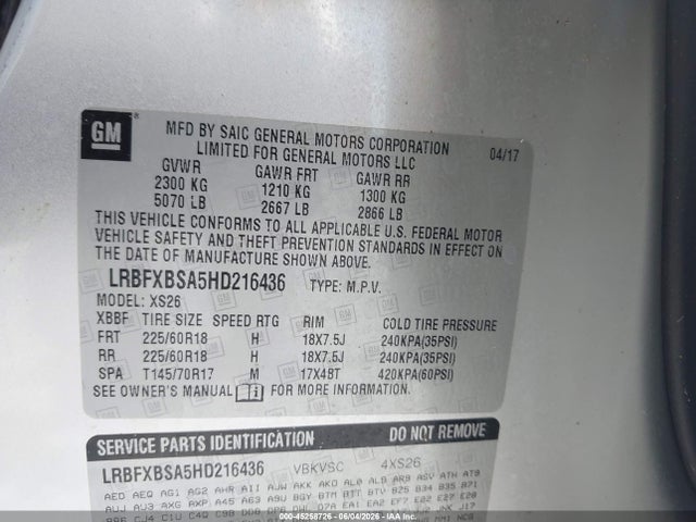 45258726 :رقم المزاد ، LRBFXBSA5HD216436 vin ، 2017 Buick Envision Essence مزاد بيع