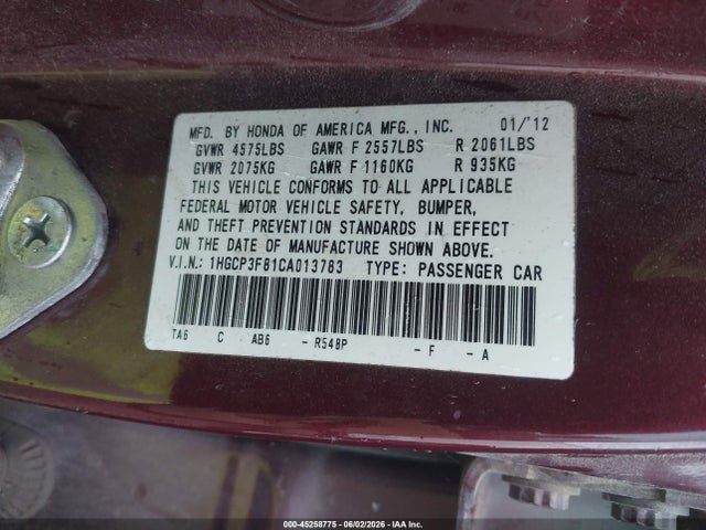 2012 Honda Accord 3.5 Ex-l მანქანა იყიდება აუქციონზე, vin: 1HGCP3F81CA013783, აუქციონის ნომერი: 45258775