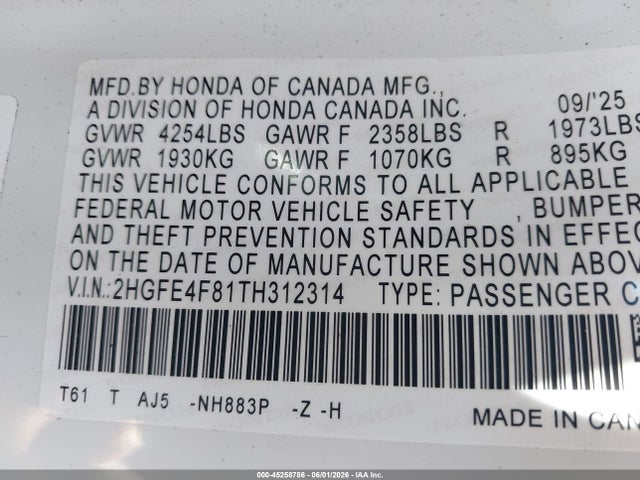 2HGFE4F81TH312314 Honda Civic Hybrid Sport/sport Touring