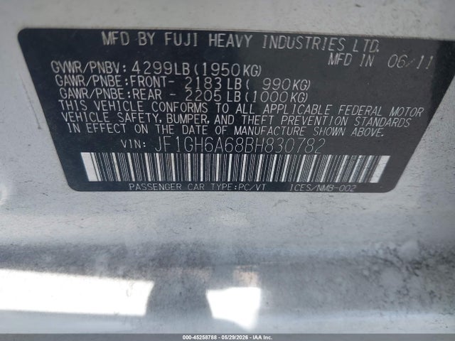 Aukcja sprzedaży 2011 Subaru Impreza 2.5i, vin: JF1GH6A68BH830782, numer aukcji: 45258788