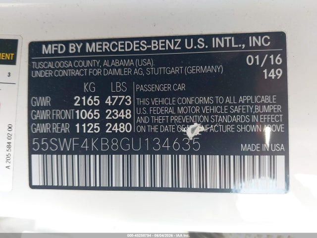 Auction sale of the 2016 Mercedes-benz C 300 4matic, vin: 55SWF4KB8GU134635, lot number: 45258794