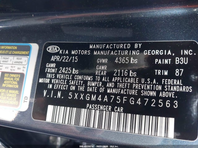 Продаж на аукціоні авто 2015 Kia Optima Lx, vin: 5XXGM4A75FG472563, номер лоту: 45258797