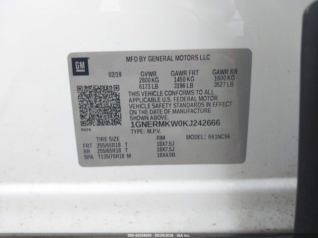 45258800 :رقم المزاد ، 1GNERMKW0KJ242666 vin ، 2019 Chevrolet Traverse 2fl مزاد بيع
