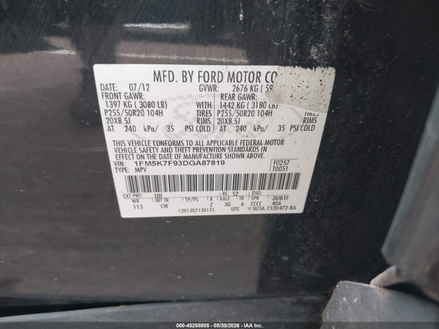 2013 Ford Explorer Limited მანქანა იყიდება აუქციონზე, vin: 1FM5K7F93DGA87819, აუქციონის ნომერი: 45258805