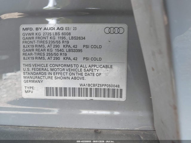 45258808 :رقم المزاد ، WA1BCBFZ5PP050048 vin ، 2023 Audi Q4 E-tron Premium Plus 40 Rwd مزاد بيع