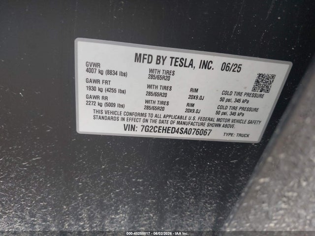 Продажа на аукционе авто 2025 Tesla Cybertruck All-wheel Drive, vin: 7G2CEHED4SA076067, номер лота: 45258817