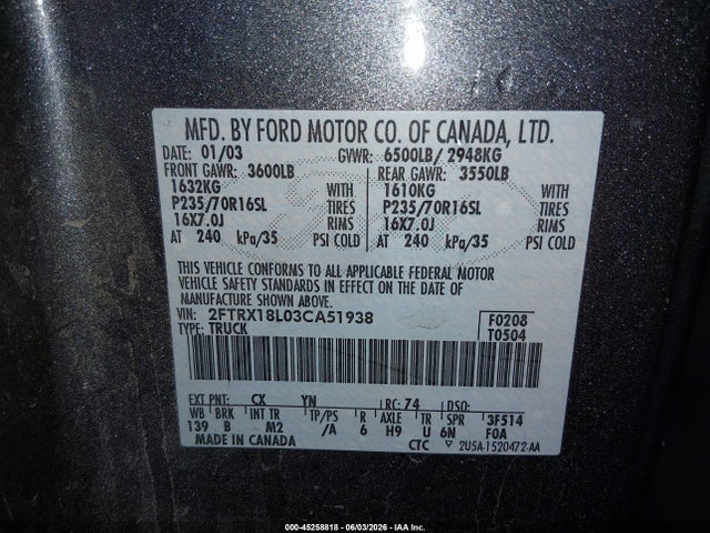 2003 Ford F-150 Lariat/xl/xlt მანქანა იყიდება აუქციონზე, vin: 2FTRX18L03CA51938, აუქციონის ნომერი: 45258818