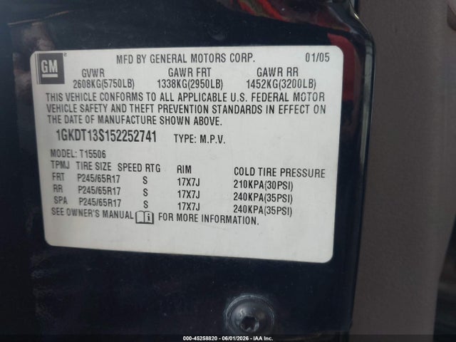 45258820 :رقم المزاد ، 1GKDT13S152252741 vin ، 2005 Gmc Envoy Slt مزاد بيع
