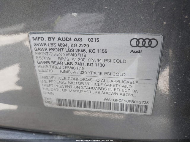 Продаж на аукціоні авто 2015 Audi Q3 2.0t Premium Plus, vin: WA1GFCFS6FR012725, номер лоту: 45258826