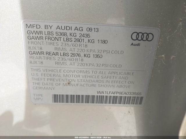 45258854 :رقم المزاد ، WA1LFAFP6EA033585 vin ، 2014 Audi Q5 2.0t Premium مزاد بيع