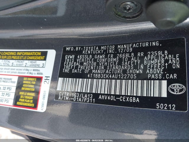Aukcja sprzedaży 2010 Toyota Camry Hybrid, vin: 4T1BB3EK4AU122705, numer aukcji: 45258878