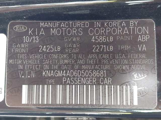Aukcja sprzedaży 2013 Kia Optima Hybrid Lx, vin: KNAGM4AD6D5058681, numer aukcji: 45258886