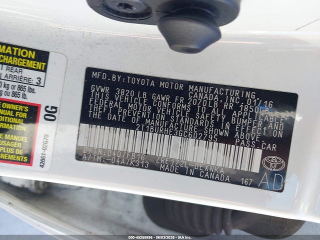 Aukcja sprzedaży 2016 Toyota Corolla Le, vin: 2T1BURHE3GC602795, numer aukcji: 45258896