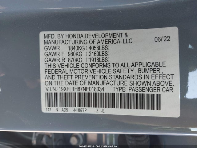 45258938 :رقم المزاد ، 19XFL1H87NE018334 vin ، 2022 Honda Civic Sport Touring مزاد بيع