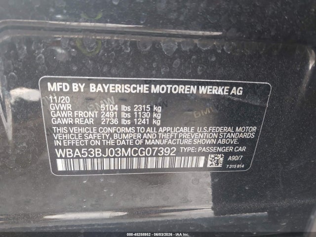 Продаж на аукціоні авто 2021 Bmw 540i, vin: WBA53BJ03MCG07392, номер лоту: 45258952