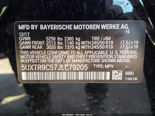 45258957 :رقم المزاد ، 5UXTR9C57JLC79205 vin ، 2018 Bmw X3 Xdrive30i مزاد بيع