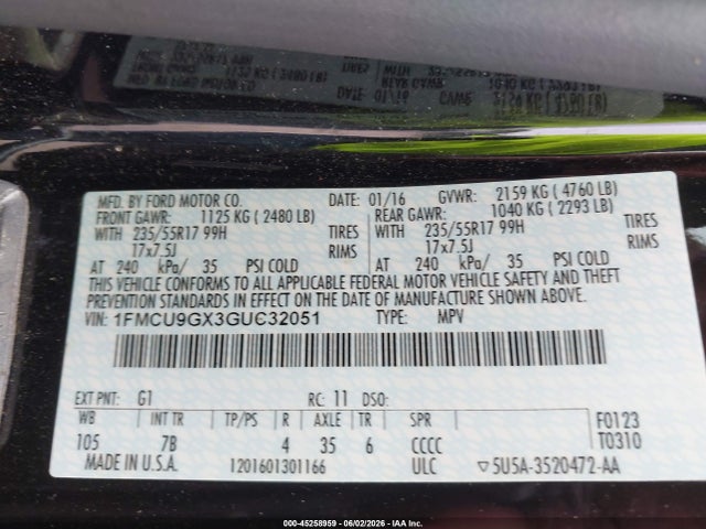 45258959 :رقم المزاد ، 1FMCU9GX3GUC32051 vin ، 2016 Ford Escape Se مزاد بيع
