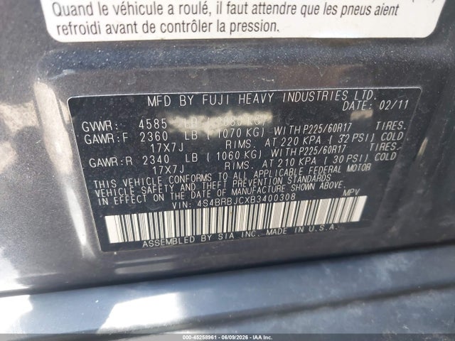 Продаж на аукціоні авто 2011 Subaru Outback 2.5i Limited, vin: 4S4BRBJCXB3400308, номер лоту: 45258961