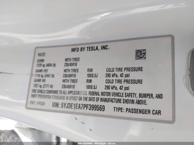 Aukcja sprzedaży 2023 Tesla Model 3 Rear-wheel Drive, vin: 5YJ3E1EA7PF399569, numer aukcji: 45258965