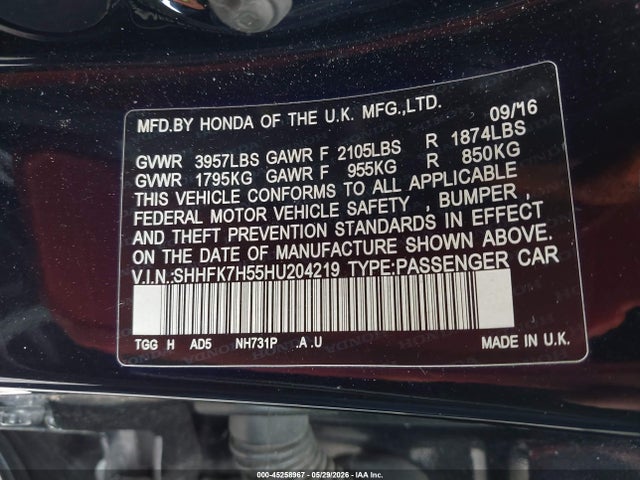 Aukcja sprzedaży 2017 Honda Civic Ex, vin: SHHFK7H55HU204219, numer aukcji: 45258967