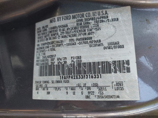 Продажа на аукционе авто 2003 Ford Mustang Gt, vin: 1FAFP42X33F316331, номер лота: 45258983