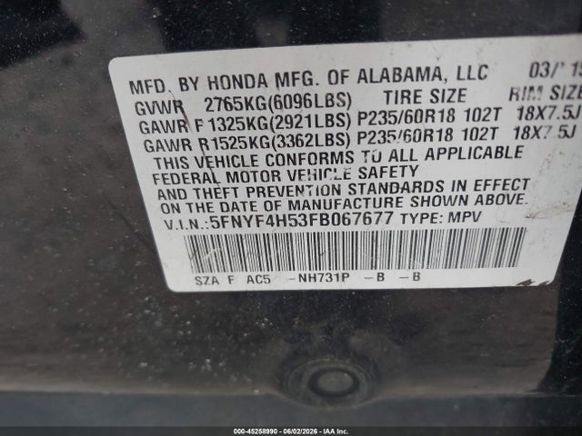 Продажа на аукционе авто 2015 Honda Pilot Ex-l, vin: 5FNYF4H53FB067677, номер лота: 45258990