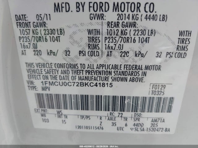 Продажа на аукционе авто 2011 Ford Escape Xls, vin: 1FMCU0C72BKC41815, номер лота: 45259012